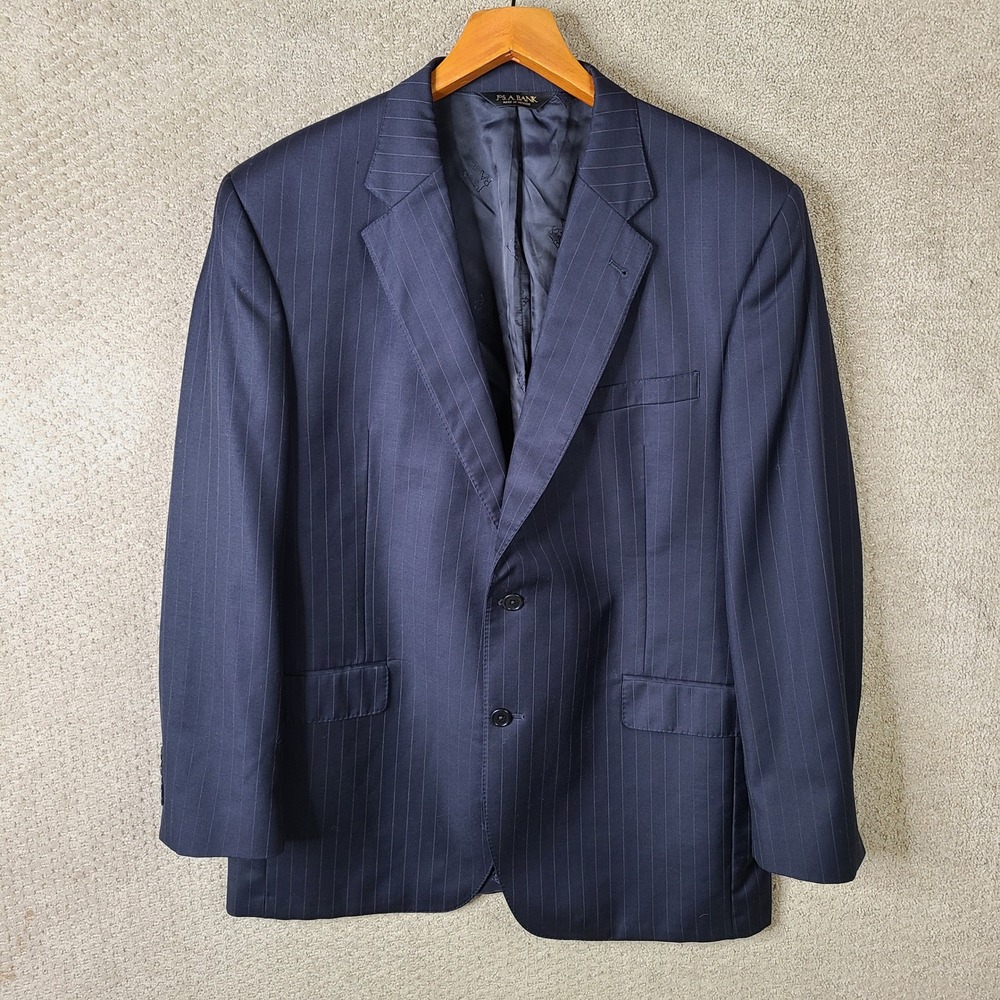 Jos A Bank Jacket Mens 44L Navy Blue Striped Blazer 2 Button Wool Signature Gold